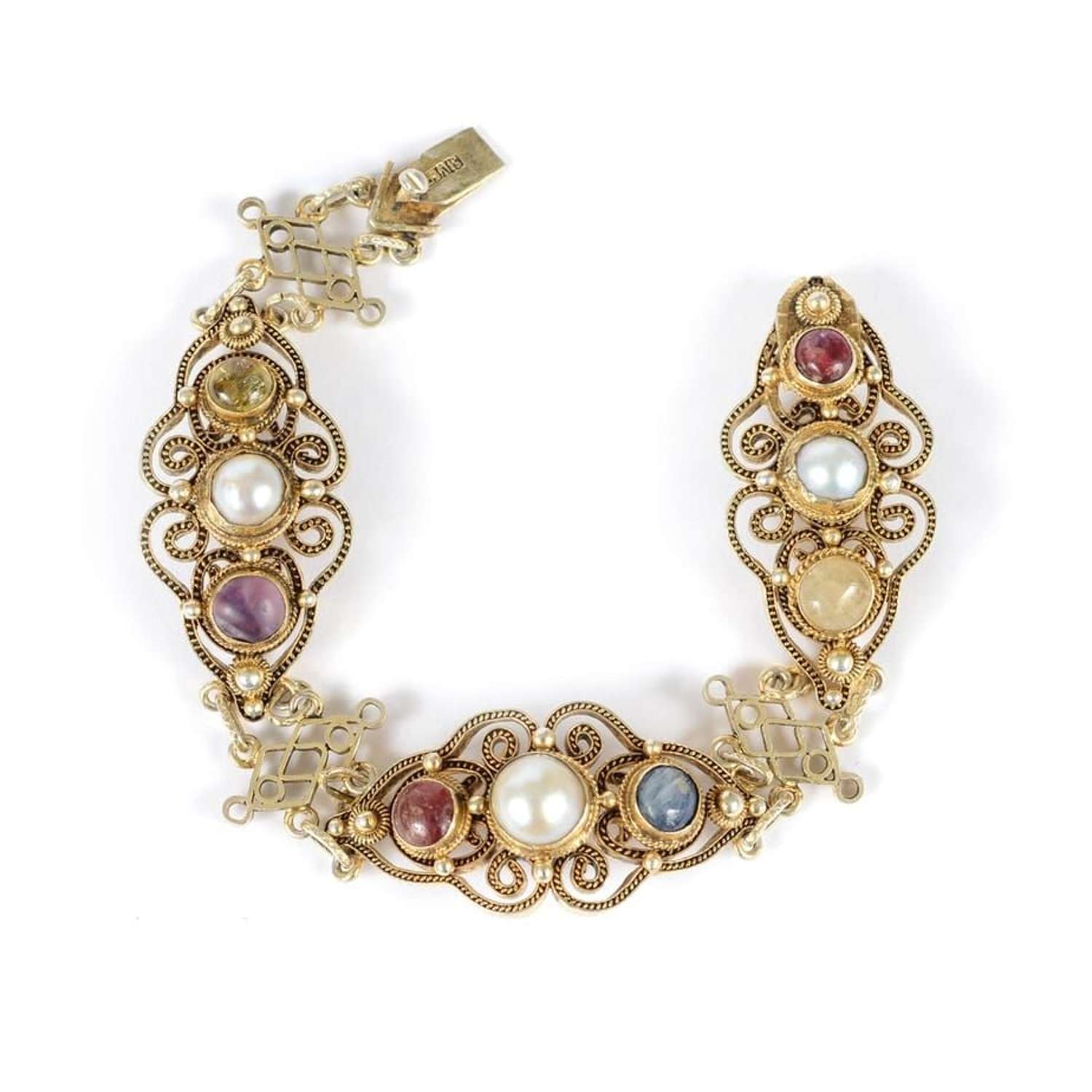 Chinese export silver gilt, natural pearl, sapphire, ruby bracelet
