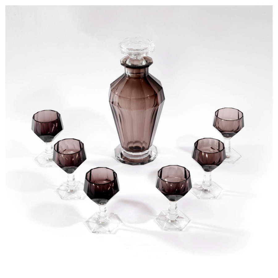 Art Deco purple glass decanter and 6 glasses