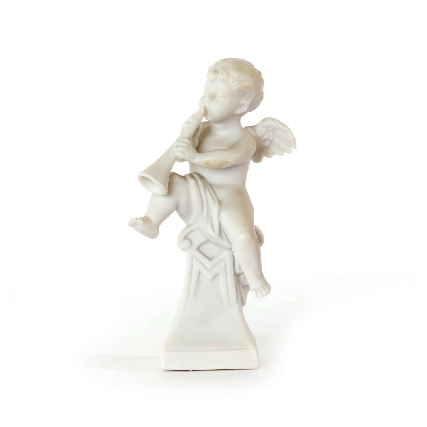 A miniature Parian ware figure of a putti playing the trumpet