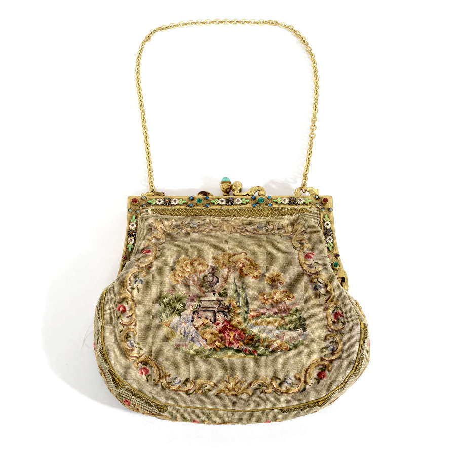 A beautiful vintage needlework and enamel bag/purse