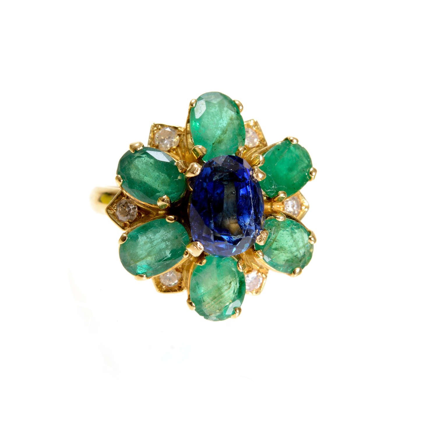 A striking sapphire, emerald and diamond cluster ring.