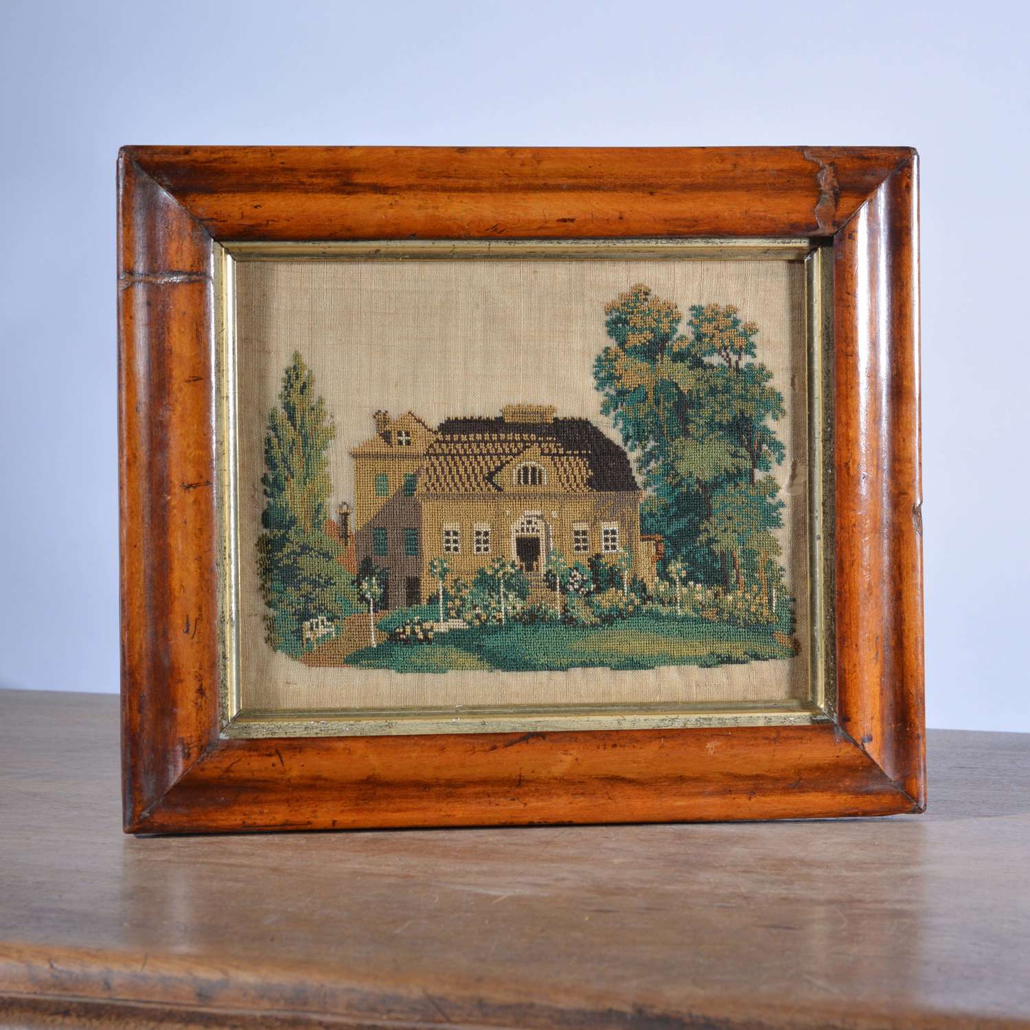 19th Century Continental Cross-stitch Picture of a House and Garden