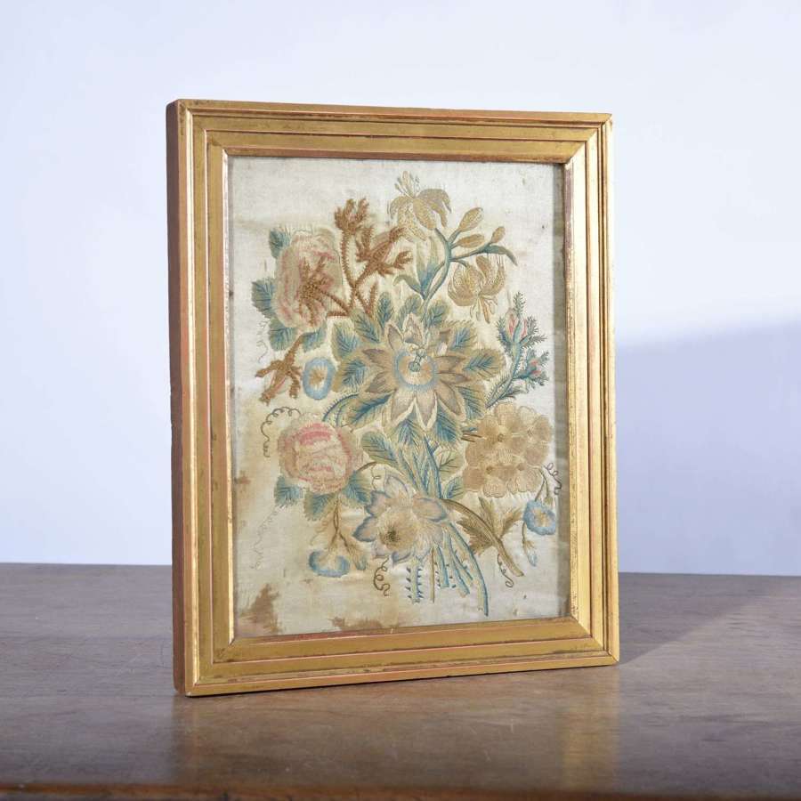 19th Century Silk Work Embroidered Still Life of Flowers
