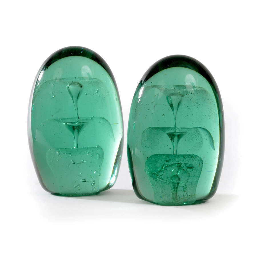 Pair of Victorian Green Glass “End of Day” Paperweights