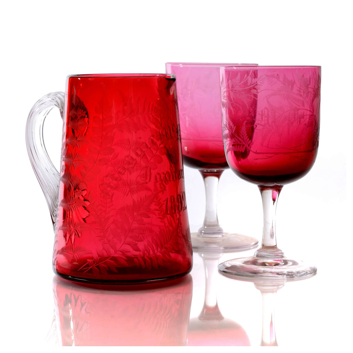 Scottish Ruby Glass Jug and a Pair of Stemmed Glasses