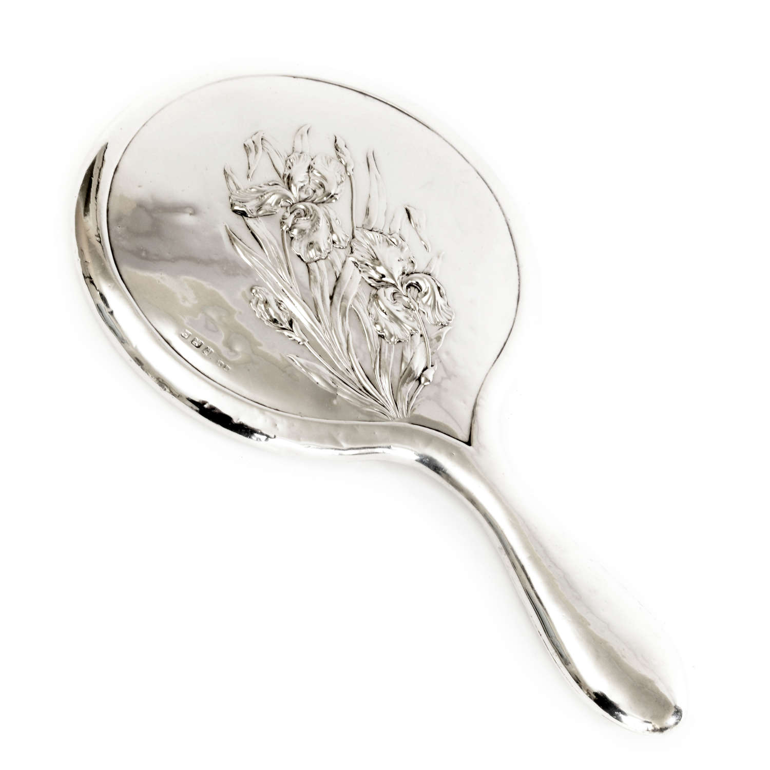 A Silver Hand Mirror with Iris Decoration
