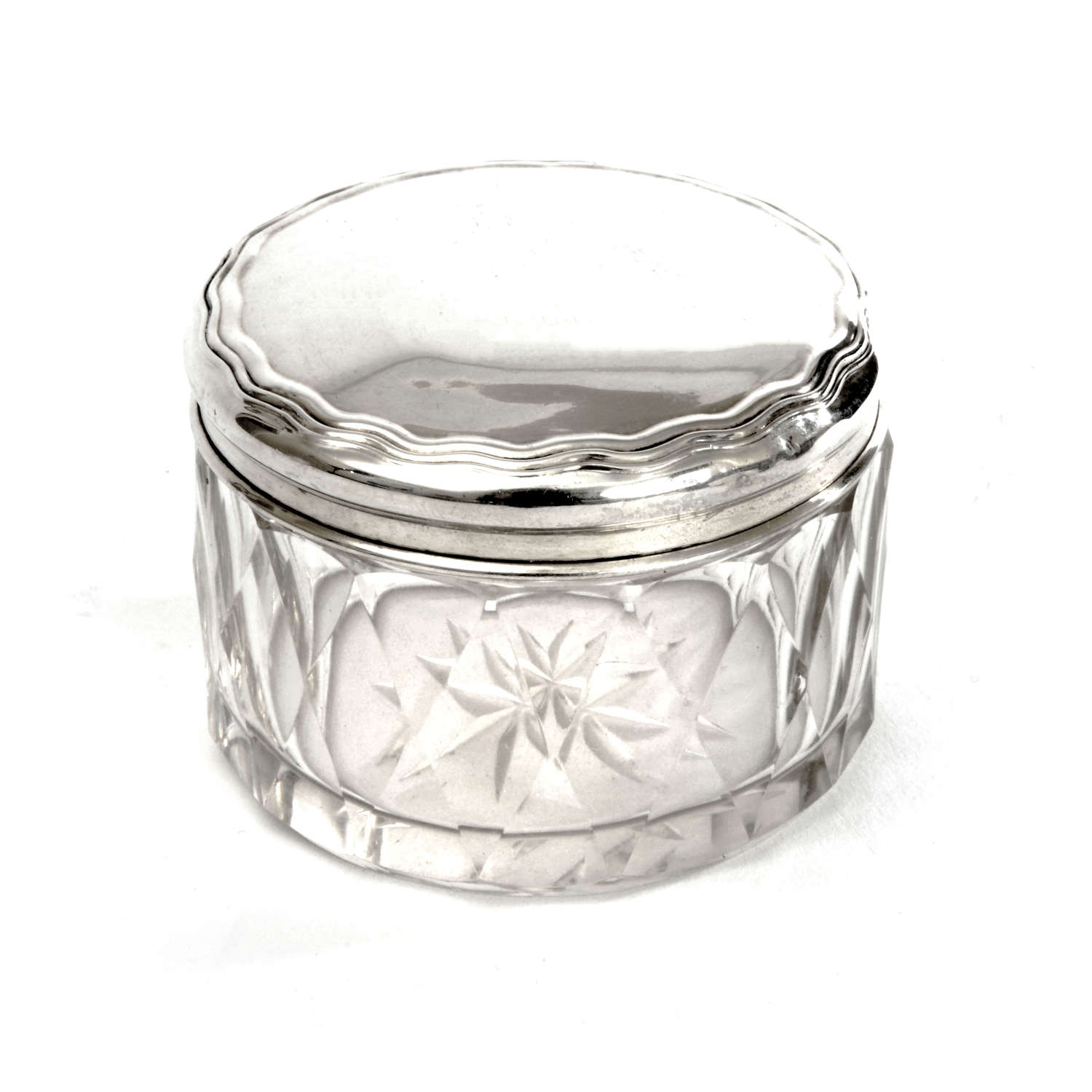 A Circular Silver and Glass Trinket/Dressing Table Box