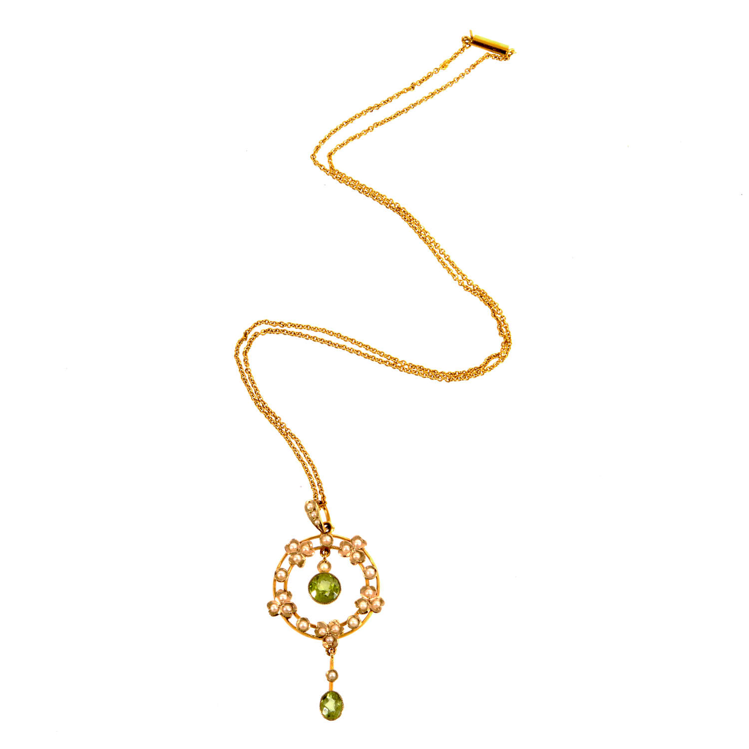An Edwardian Gold, Peridot and Seed-Pearl Pendant with Chain