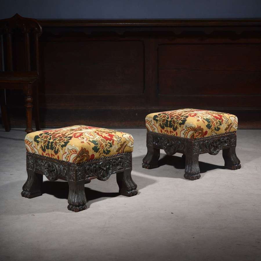 Pair of Jacobean Revival Upholstered Stools