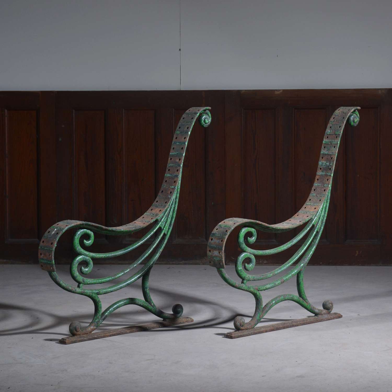 Pair of Shapely Green Painted Cast Iron Bench Ends